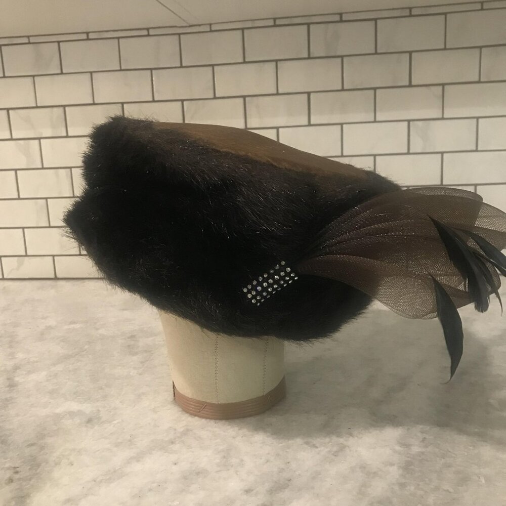 Vintage Donna Vinci Couture‎ Hat Womens Fur Pill Box Feather Sequin Art Deco
